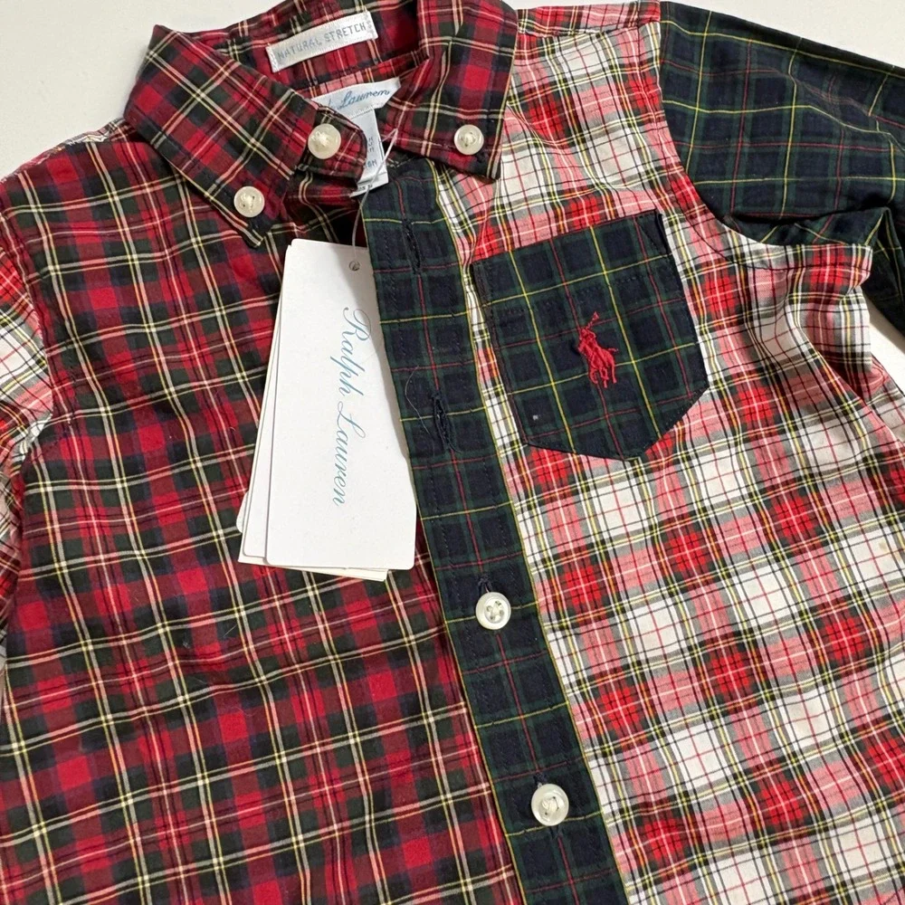 Ralph Lauren Baby Boys 3M Patchwork Plaid Button Down Shirt  Multi NWT